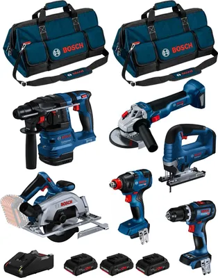 Produktbild von BOSCH Kit BK604BAG (GSB18V-90C +GDX18V-200 +GKS18V-57-2 +GST 18V-125B +GBH18V-22 +GWS18V-10 + 3x4,0Ah PC +GAL18V-40 + 2xHDBAG)