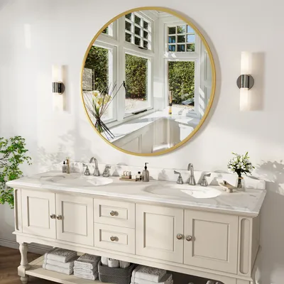 Immagine prodotto di Specchio rotondo da parete REMZETTA, diametro 75 cm, con cornice dorata e superficie in vetro temperato, ideale per ingresso, camera da letto e soggiorno