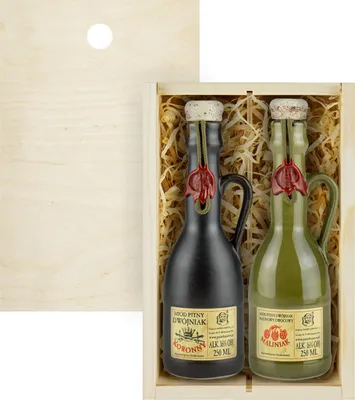 Produktbild von Set mit 2 Jaros Mets (Honigwein Koronny Dwójniak-Halber /Dwójniak Maliniak-Halber Himbeere) Geschenkset in einer leichten Holzbox | 500ml | 16% Alkohol Metwein | Polnische Produktion