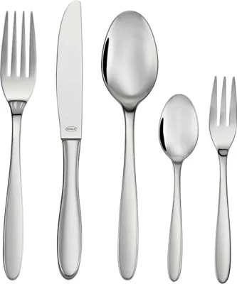 A set of five polished stainless steel cutlery pieces arranged in a row against a white background.