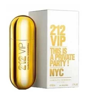 A gold perfume bottle and its white packaging are displayed against a white background.