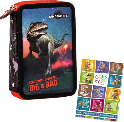Produktbild von 2-fache Federtasche Federmappe Federmäppchen 32-teilig gefüllte Schüleretui Stifte und Pinsel inkl. Aufgabenheft Schul-Etui Dinosaurier Dino