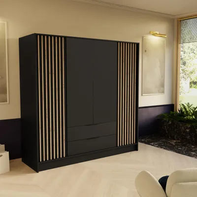 Produktbild von Masseno Drehtürenschrank PELOR 200/200/51 cm Modern Kleiderschrank 4-türig Schwarz