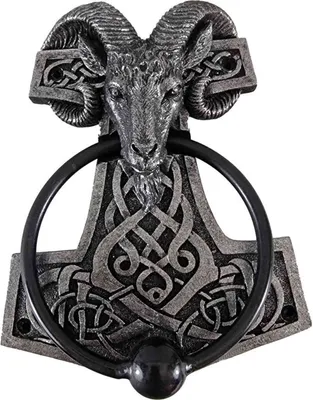 Produktbild von Türklopfer Thor's Hammer mit Ziegenbockkopf Tanngnjostr Metallklopfer