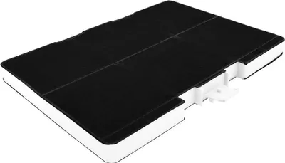 A black activated carbon filter with white plastic connectors, shown from a diagonal angle on a white background.