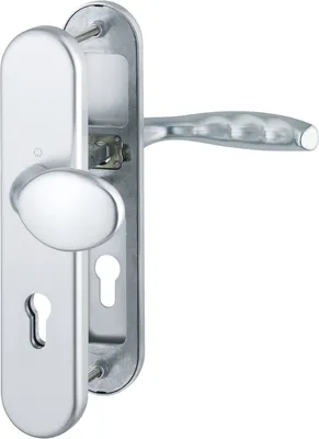 A close-up view of a silver door handle set with a keyhole.