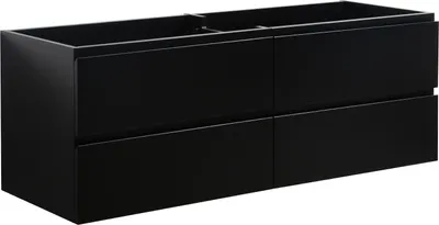 A black bathroom vanity with four drawers, shown from a three-quarter angle against a white background.