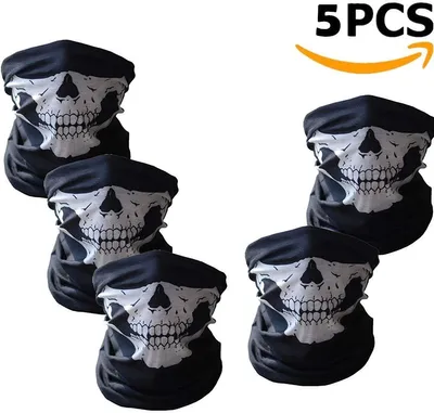 Produktbild von 5 Stück Nahtlos Schädel Gesicht Schlauch Maske Motorrad Gesichtsmaske für Motorrad, Fahrrad, Wandern, Ski, Halloween (Weiß und Schwarz)
