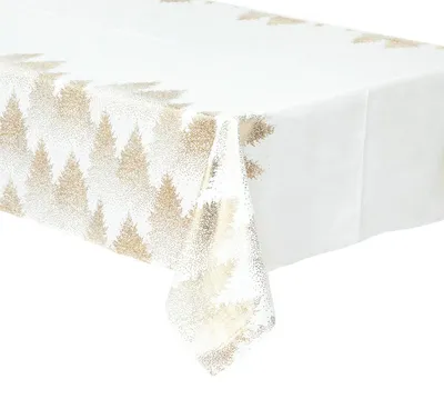 Produktbild von Weiße und goldene Tischdecke mit Tannenbäumen 140 x 240 cm Polyester -
