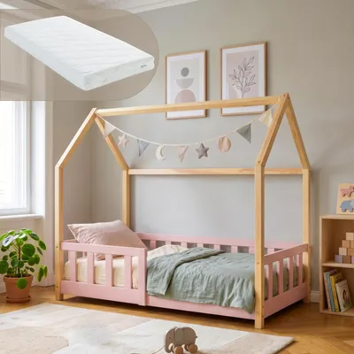Produktbild von Hausbett ‘Hesel’ für Kinder mit Matratze und Rausfallschutz 70 x 140 cm Kiefernholz Rosa/Natur