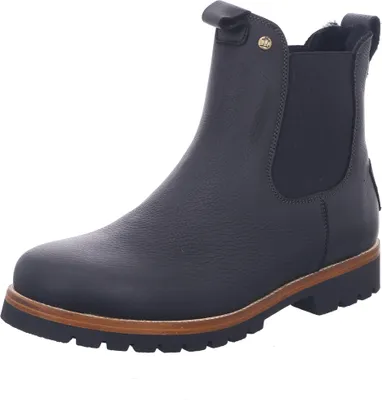 A black leather chelsea boot with a thick sole.