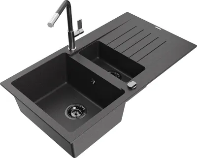 Produktbild von Mexen Matias 1,5-Becken-Granitspüle mit Abtropffläche und Mischbatterie Flora, Schwarz gesprenkelt - 6502-76-670401-08-B