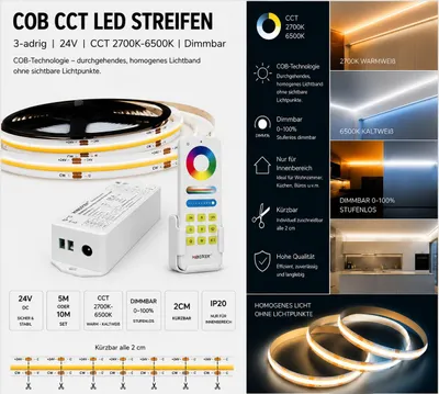 Produktbild von 10m 24V COB CCT LED Streifen 2700K-6500K | Dimmbar Komplettset mit Controller, Touch-Fernbedienung & Netzteil