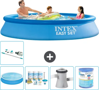 Produktbild von Intex runder aufblasbarer Easy Set-Pool – 305 x 61 cm – Blau – im Lieferumfang enthalten Sonnensegel - Wartungspaket - Filterpumpe für Schwimmbad - Filter - Staubsauger