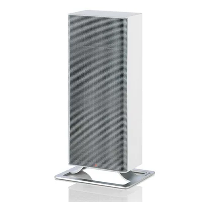 A white and gray electric heater on a silver stand, isolated on a white background.