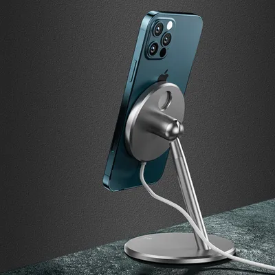 Productafbeelding van Telefoonladerhouder, aluminiumlegering, magnetische houder voor iPhone 12 MagSafe, draadloze snellaadstandaard, zilver