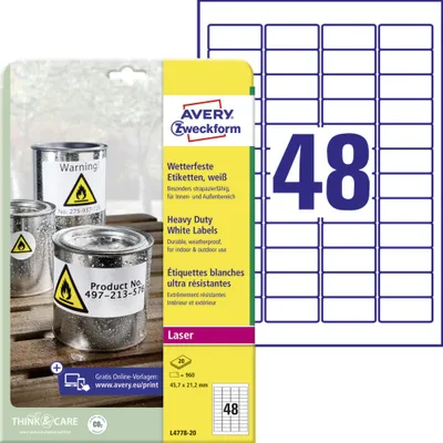 Produktbild von Avery Zweckform L4778-20 Wetterfeste Folien-Etiketten, 45,7 x 21,2 mm, 20 Bogen/960 Etiketten, weiß