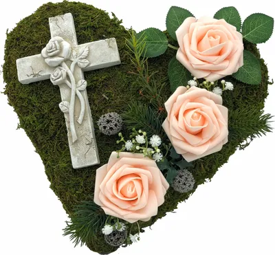 Produktbild von Grabgesteck Grabschmuck Moosherz Grabherz Kreuz Trauerherz Grab Herz Gesteck zartrosa Rosen