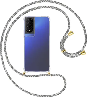 Produktbild von Handykette Backcover-Schutzhülle mit Band (Metall goldfarben) für TCL 50 5G - weiß/grau kariert