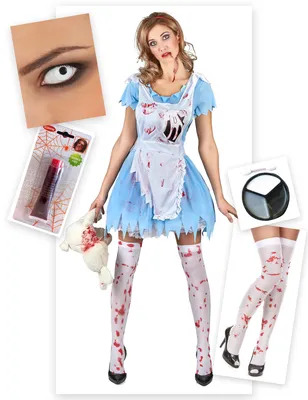 Produktbild von Kostüm-Set Horror-Alice für Damen Halloween 5-teilig blau-weiss-rot -