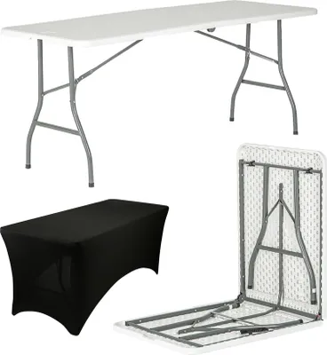 Produktbild von Klappbarer Picknicktisch mit passender Tischdecke – 180 cm (6 Fuß) – Weiß/Schwarz
