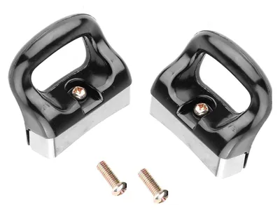 Two black and silver pot handles with two screws on a white background.
