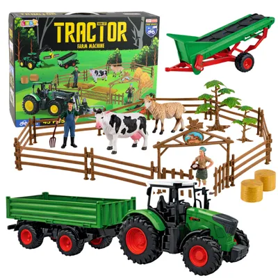 Obrázek produktu pro Zemědělská sada Traktor s přívěsem Zvířata Farmáři Farma 45 ks.