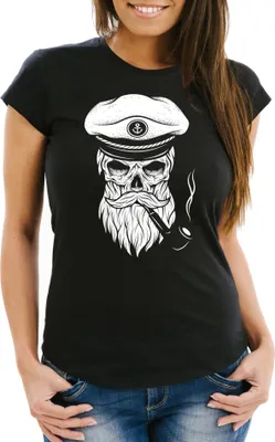 Produktbild von Damen T-Shirt Totenkopf Kapitän Captain Skull Bard Hipster Seemann Neverless® schwarz XXL