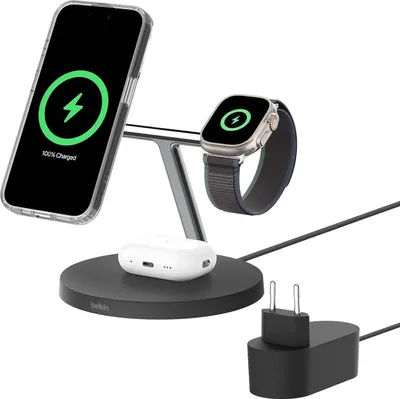 Productafbeelding van Belkin BOOST CHARGE PRO Qi2, magnetische 3-in-1 oplader, 15W, zwart. Modelnummer: WIZ032kqBK