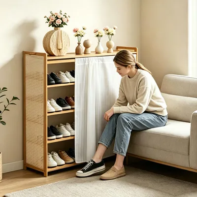 Produktbild von 6 Etagen Schuhregal aus Holz mit Türvorhang,Eckschuhregal,Vertikaler Schuh-Organizer, freistehende Schuhregale for Flur/kleine Räume 70X24X97cm
