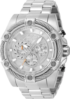 A close-up studio shot of a silver Invicta chronograph watch.