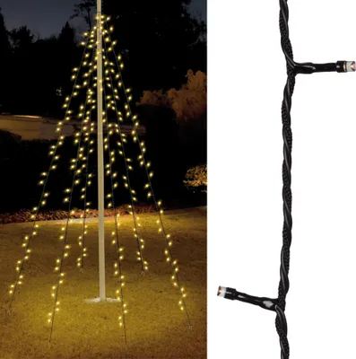 A decorative LED light tree at night and a close-up of the light string.