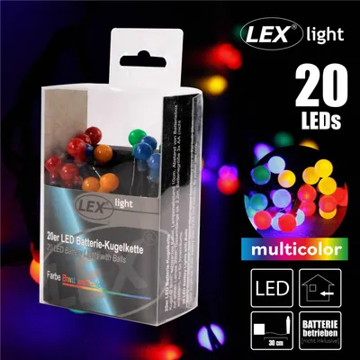 A product box for LED string lights with colorful balls, set against a dark background with bokeh lights.