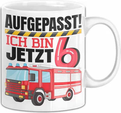 Produktbild von 6. Geburtstag Geschenk Tasse Becher Jungs Feuerwehr Aufgepasst Ich Bin Jetzt 6 (Weiß)
