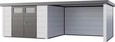 Produktbild von Telluria Metallgerätehaus Classico 3330 mit Lounge Anbau (ca. 450 cm Breite) weiß/weiß Lounge-Anbau rechts