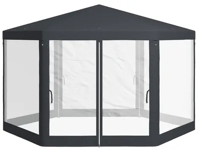 Produktbild von Pavillon 4x4 m Gartenpavillon mit Moskitonetz, 6-eckig, Partyzelt aus Polyester & Metall, dunkelgrau für Gartenfeste