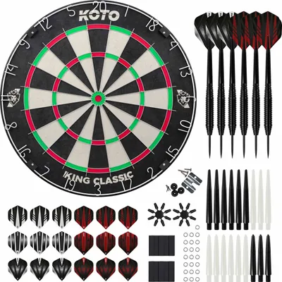 A dartboard set with multiple accessories laid out on a white background.