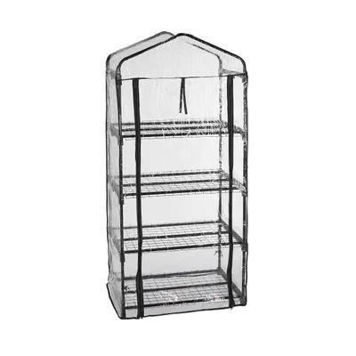 A clear, professional studio shot of a four-tier greenhouse with a clear PVC cover, set against a white background.