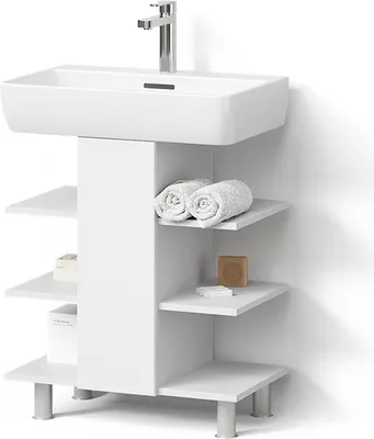 A white bathroom vanity with a sink and faucet, featuring shelves with towels and soap.