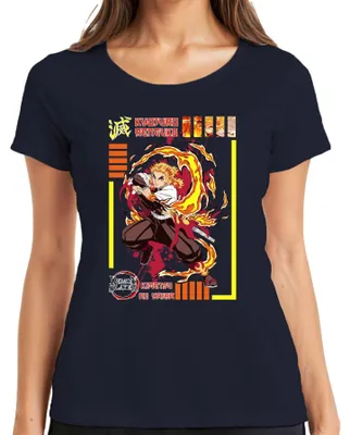 Productafbeelding van Kyojuro Rengoku, Demon Slayer (Kimetsu no Yaiba), Vlam-pilaar, dames T-shirt, marineblauw, maat S