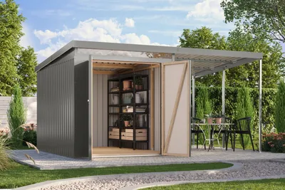 Produktbild von Gartenhaus Metall Metallgerätehaus Metallgartenhaus IRIDIUM 2,5 Metallhaus graualuminium 414x292x213 cm
