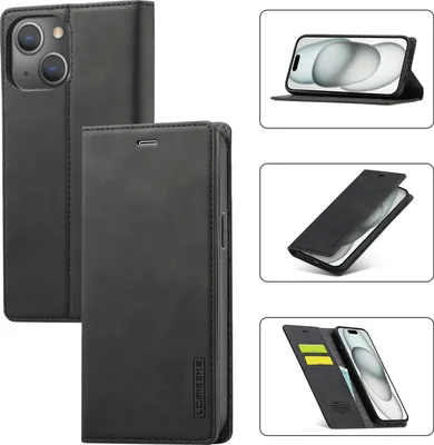 Image de Étui en cuir pour iPhone 15 Plus, avec fonction de support et porte-cartes, étui design de type portefeuille noir