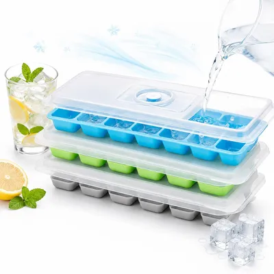 Produktbild von Eiswürfelform 3er Set mit Deckel, 12 Fächer pro Form, BPA-frei, stapelbar, flexible Eiswürfelbehälter für Kühlschrank & Getränke