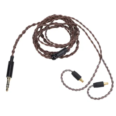 A braided audio cable with a 3.5mm stereo plug on one end and two smaller connectors on the other.