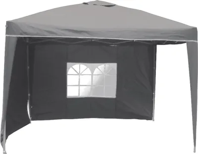 A gray pop-up gazebo with a window on the side.