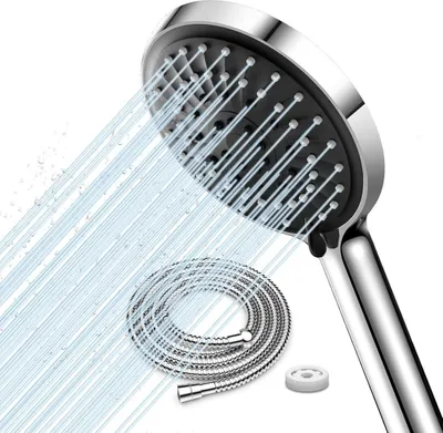 Produktbild von Chrom Duschkopf mit Flexiblem Edelstahlschlauch & Wassersparer
