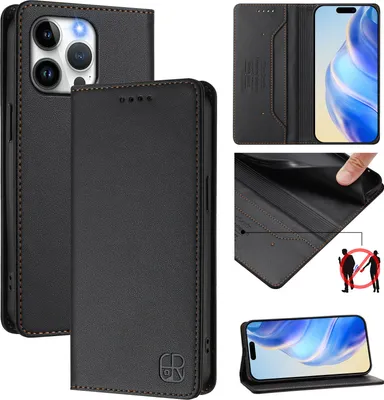 Produktbild von Lederhülle für iPhone 14 Pro Max Hülle Flip Brieftasche Kartenfächern Ständer Schutzhülle Schwarz