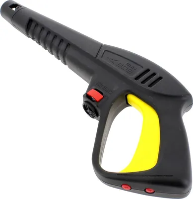 A black and yellow pressure washer gun with red buttons, shown against a white background.