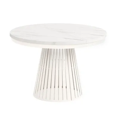 Image de Table à manger ronde et extensible CAVO avec piètement en anneau, style loft, scandinave, diamètre : 120/196 cm, couleur : marbre blanc/cachemire