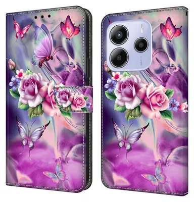 Produktbild von CLM-Tech Handyhülle kompatibel mit Xiaomi Redmi Note 14 5G Hülle Tasche aus Kunstleder Klapphülle Schutzhülle Case Cover lila Blumen Schmetterlinge